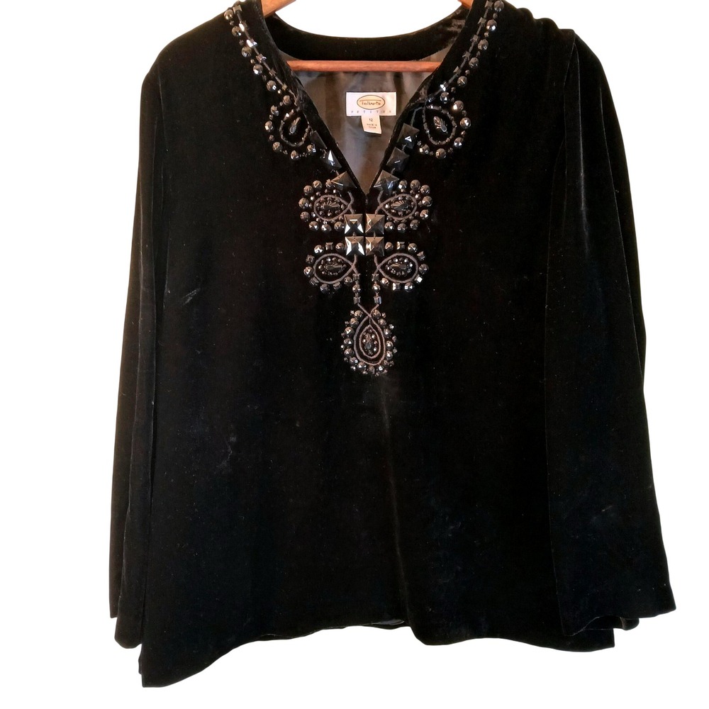 Talbots Black Velvet Beaded Embellished Tunic Top Long Sleeve Women Sz 12 Gothic